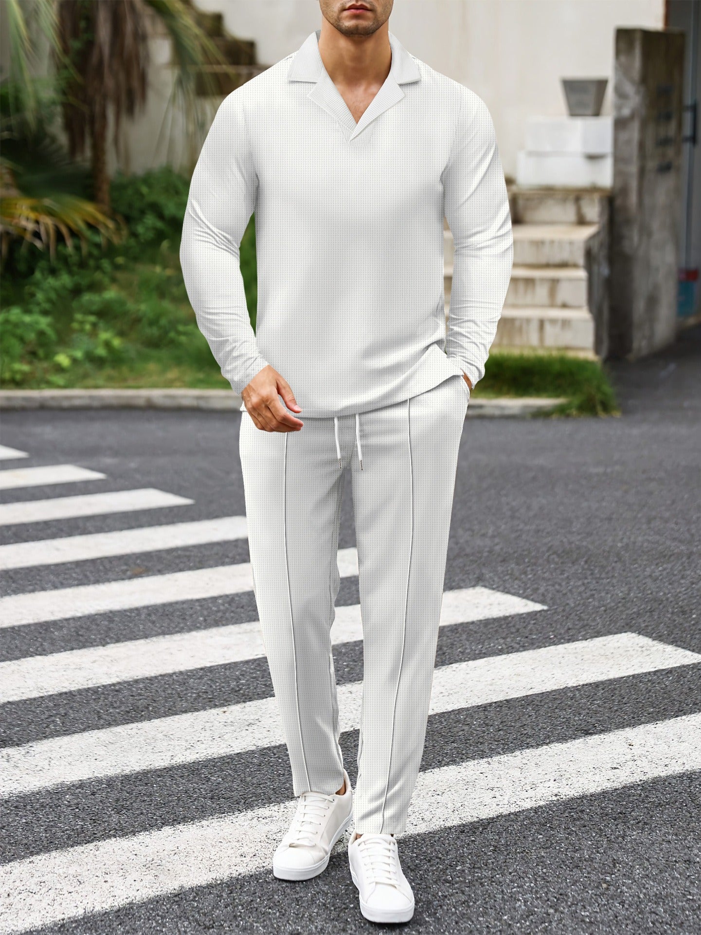 Men’s Loungewear Set – Waffle Knit – Slim Fit – Suit Collar Top – Drawstring Pants