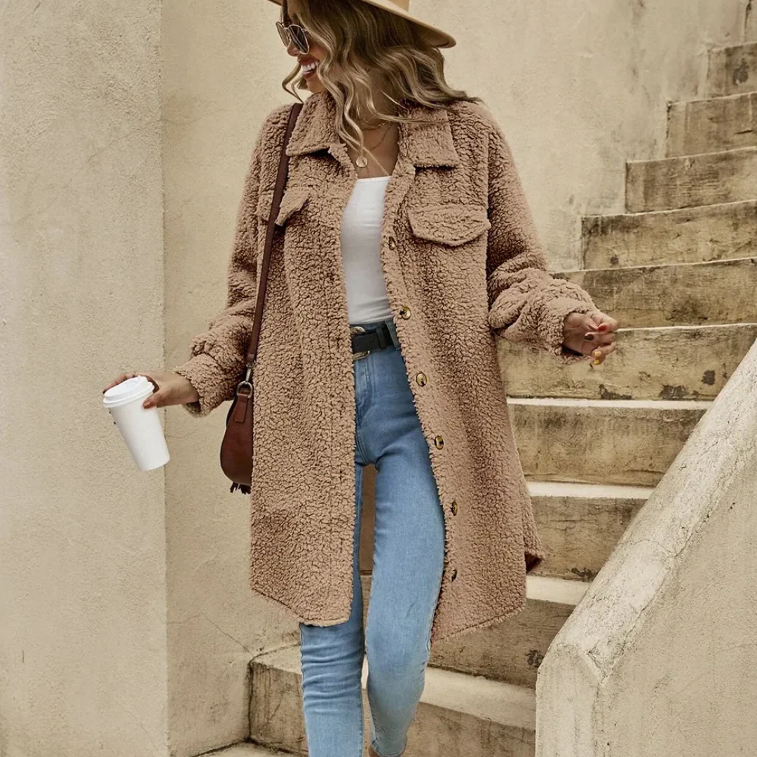 Women’s Long Coat – Oversized Relaxed Fit – Textured Pile – Button Front – Mid-Thigh Length