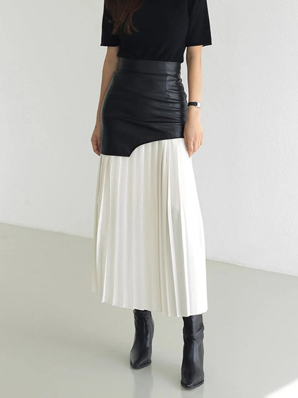 Women’s Midi Skirt – Faux Leather Waist – Chiffon Pleats – Asymmetric Hem – Flared Fit