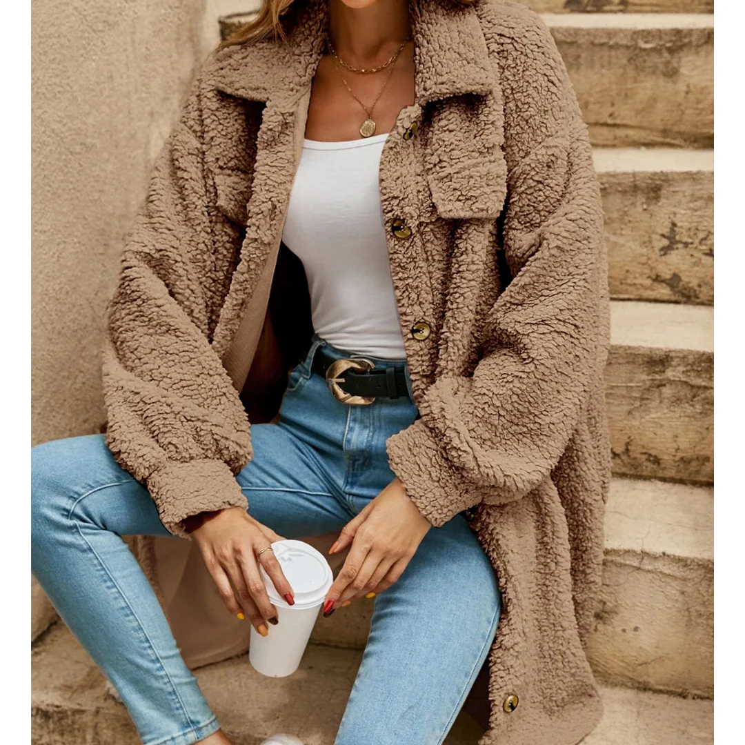 Women’s Long Coat – Oversized Relaxed Fit – Textured Pile – Button Front – Mid-Thigh Length