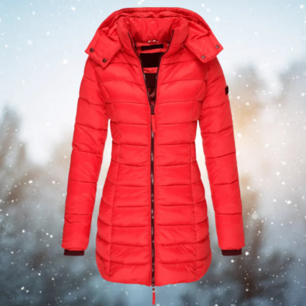 Women’s Puffer Jacket – Slim Fit – Long Length – Quilted Insulation – Detachable Hood
