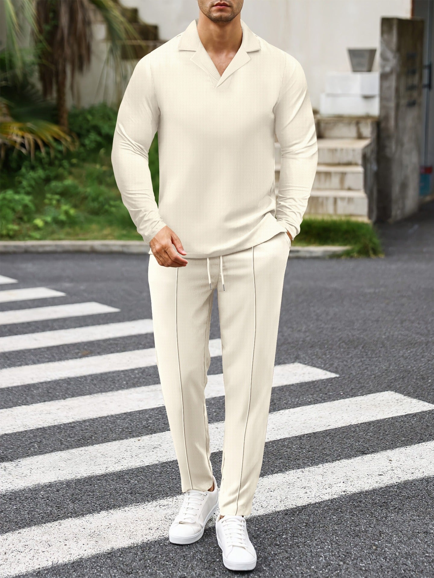 Men’s Loungewear Set – Waffle Knit – Slim Fit – Suit Collar Top – Drawstring Pants