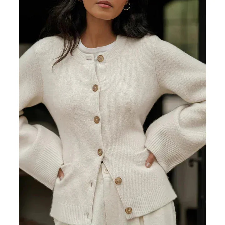 Women’s Knit Cardigan – Relaxed Fit – Wool Blend – Bell Sleeves – Button Front