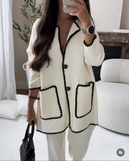 Women’s Two-Piece Set – Wool Blend – Relaxed Fit – Contrast Trim – Patch Pockets