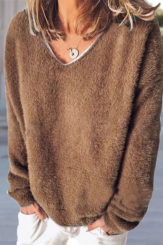 Women’s V-Neck Sweatshirt – Relaxed Fit – Fuzzy Knit – Long Sleeve Casual Style