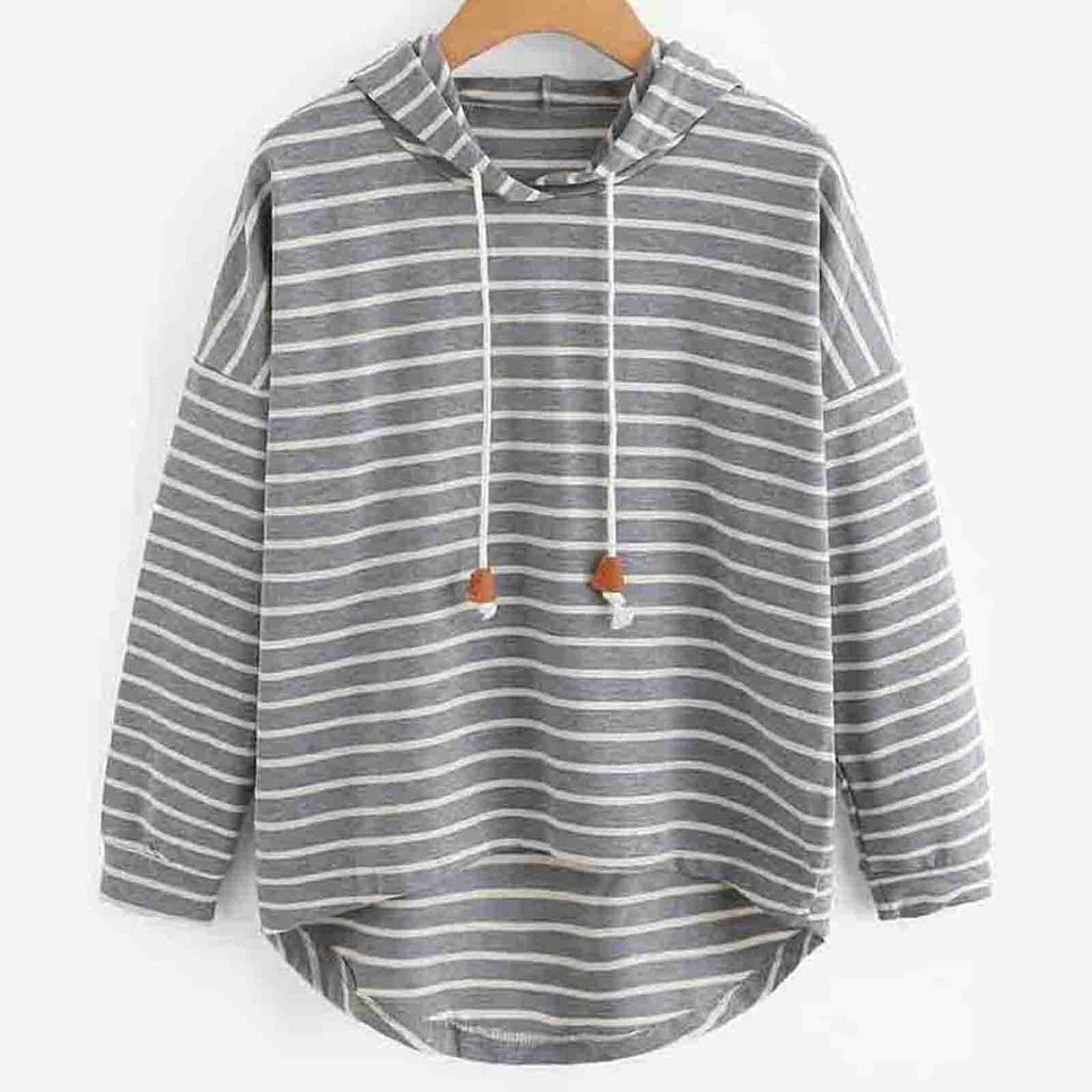Women’s Hooded Top – Relaxed Fit – Jersey Knit – Striped – High-Low Hem – Drawstring