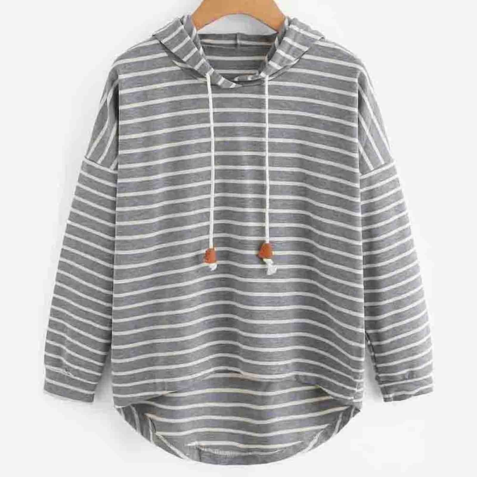 Women’s Hooded Top – Relaxed Fit – Jersey Knit – Striped – High-Low Hem – Drawstring