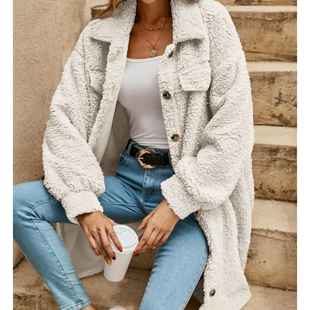 Women’s Long Coat – Oversized Relaxed Fit – Textured Pile – Button Front – Mid-Thigh Length