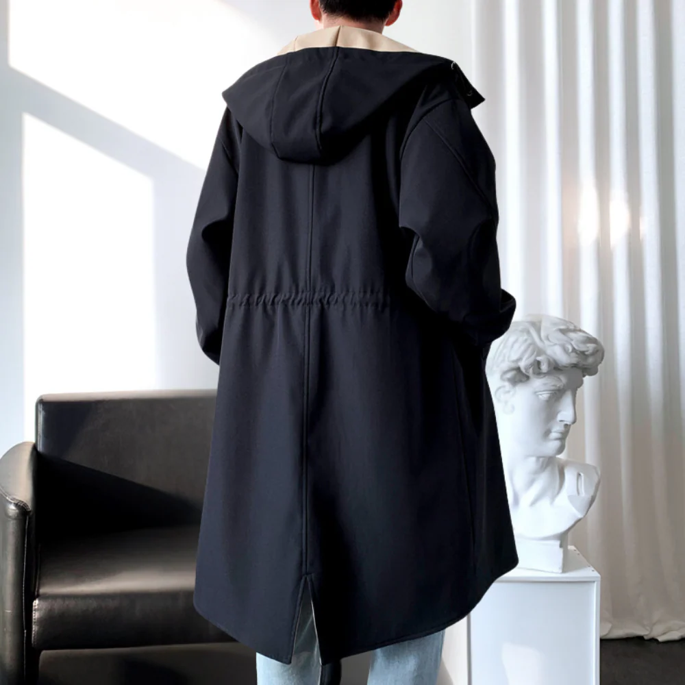 Men’s Long-Line Coat – Relaxed Fit – Hooded – Snap Button Front – Two-Tone Lining