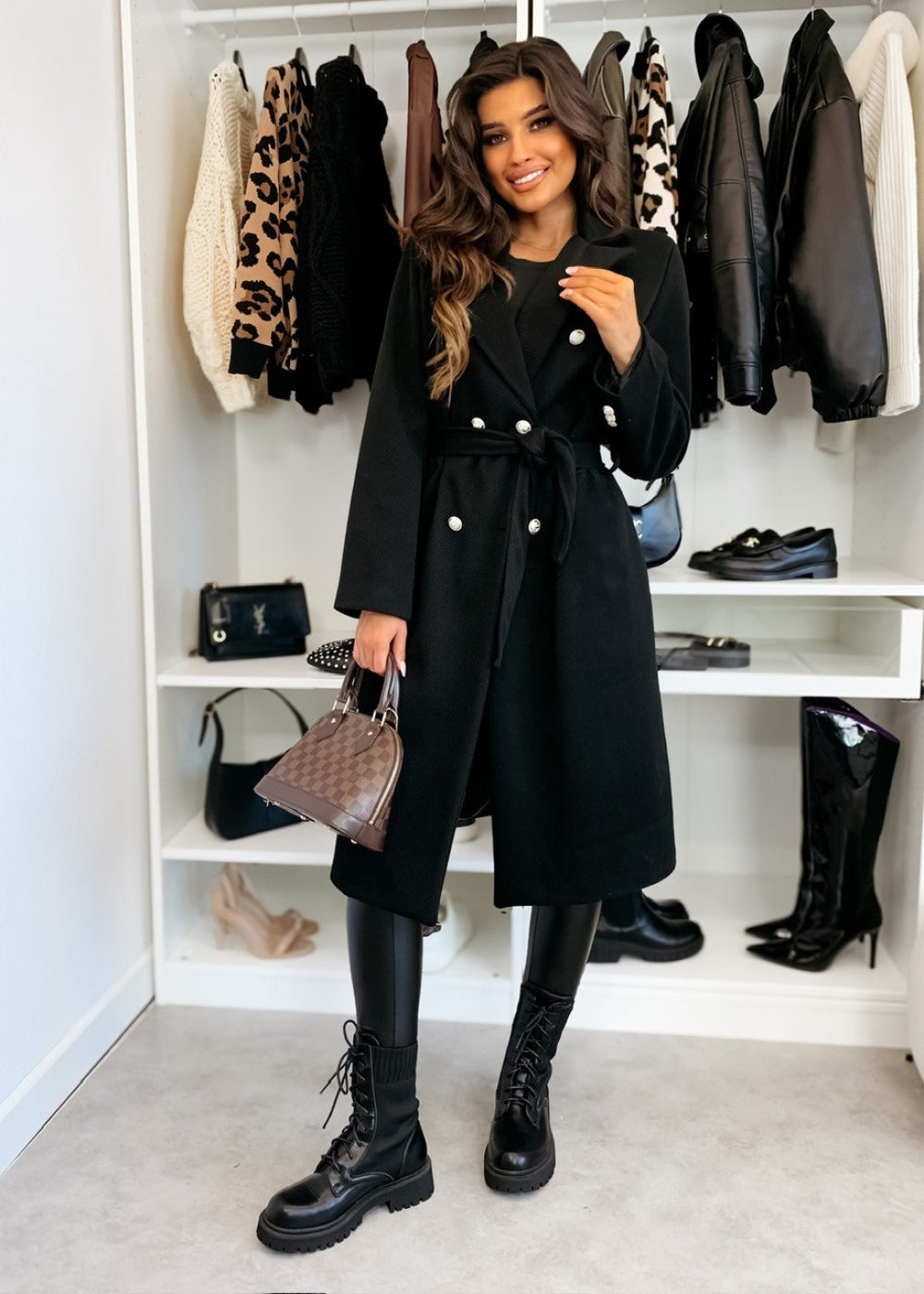 Women’s Wool Coat – Tailored Fit – Double-Breasted – Belted Waist – Knee Length