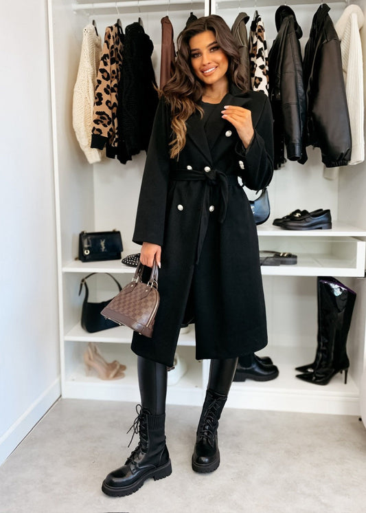 Women’s Wool Coat – Tailored Fit – Double-Breasted – Belted Waist – Knee Length