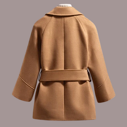 Women’s Wool Coat – Loose Fit – Notched Lapel – Open Front – Wide Sleeve with Strap