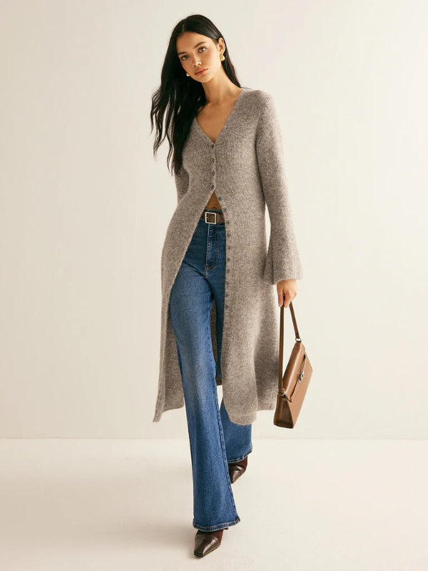 Women’s Sweater Dress – Slim Fit Knit – V-Neck Button Front – Long Sleeve Midi