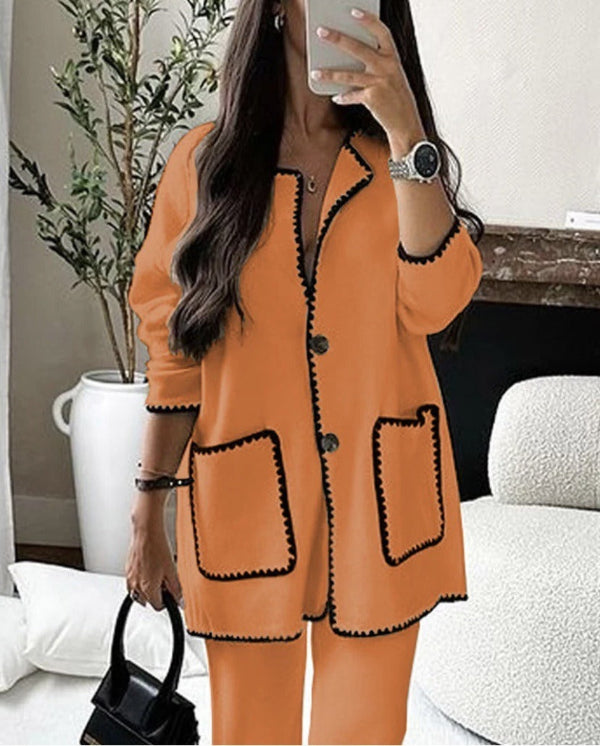 Women’s Two-Piece Set – Wool Blend – Relaxed Fit – Contrast Trim – Patch Pockets