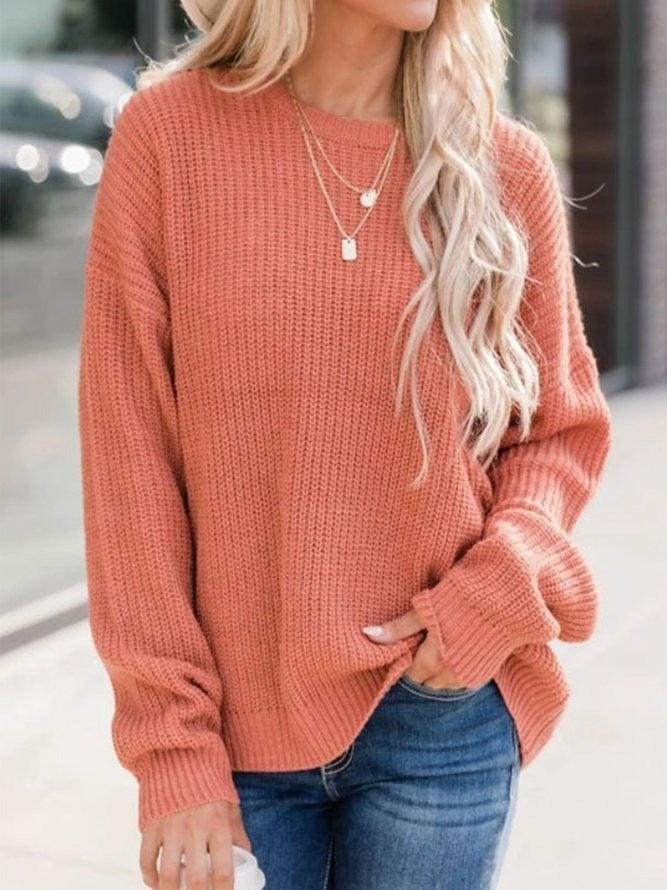 Women’s Knit Sweater – Ribbed Texture – Relaxed Fit – Crew Neck Long Sleeve