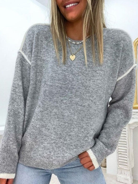Women’s Sweatshirt – Relaxed Fit – Soft Wool Knit – Contrast Trim – Full Sleeve