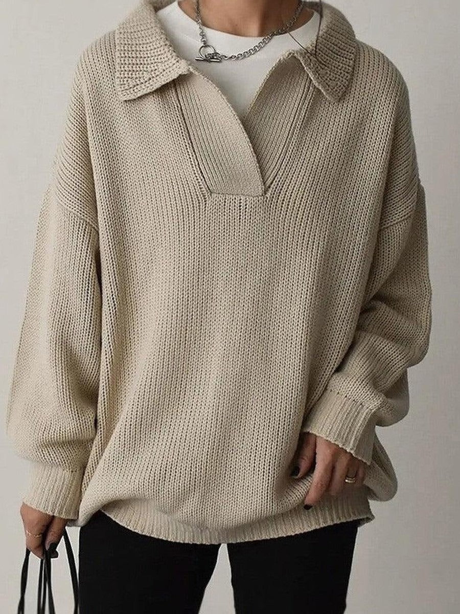 Women’s Knit Sweatshirt – Oversized Fit – Wool Blend – Ribbed Cuffs – V-Neck Collar