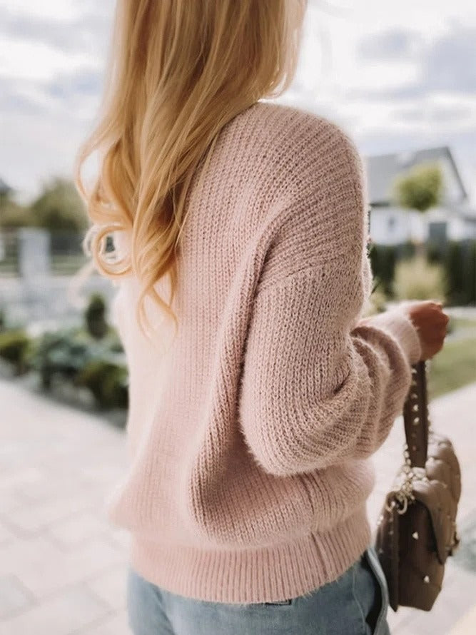 Women’s Knit Top – Relaxed Fit – V-Neck – Long Sleeve – Soft Wool Feel – Bow Detail
