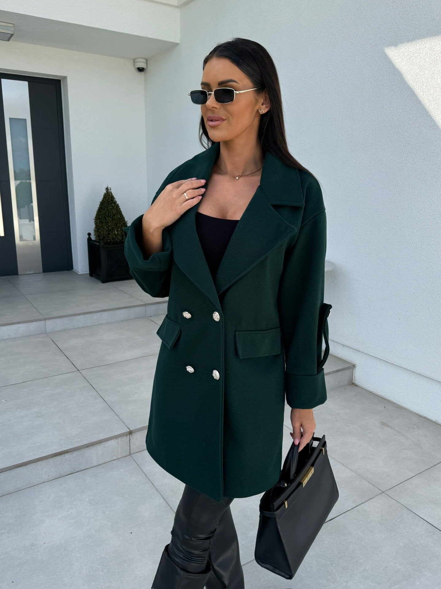 Women’s Wool Coat – H-Line Fit – Double-Breasted – Blazer Collar Knee-Length