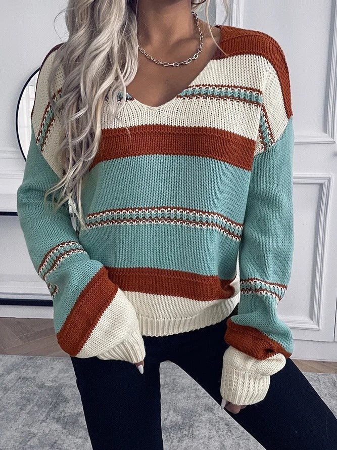 Women’s Sweatshirt – Relaxed Fit Knit – V-Neck – Striped – Long Sleeve Casual Top