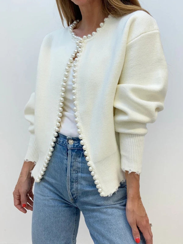 Women’s Cardigan – Knit Fabric – Relaxed Fit – Pearl Trim – Distressed Hem – Open Front
