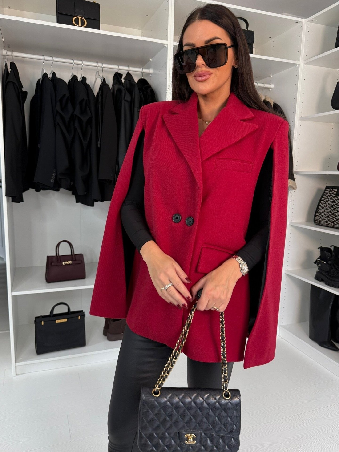 Women’s Cape Coat – Wool – Loose Fit – Button Front – Lapel Collar – Hip Length