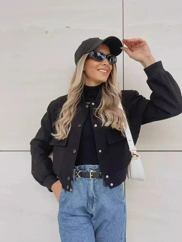 Women’s Bomber Jacket – Relaxed Fit – Cropped Length – Button Front – Flap Pockets