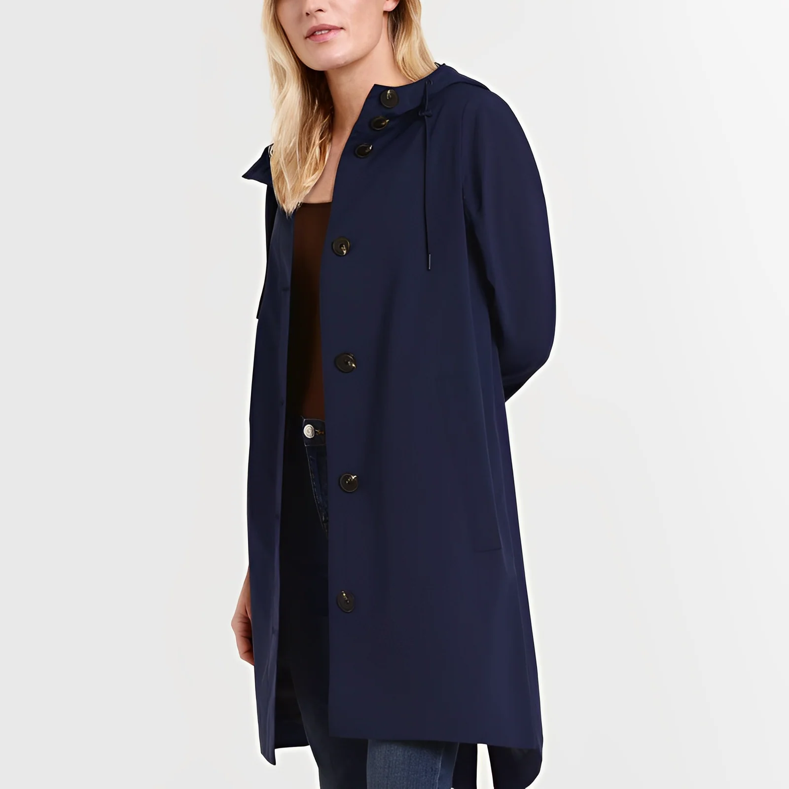 Women’s Hooded Coat – Relaxed Fit – Knee Length – Button Front with Pockets