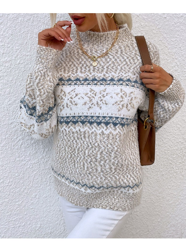 Women’s Pullover Sweater – Wool Knit – Relaxed Fit – Snowflake Pattern – High Neck
