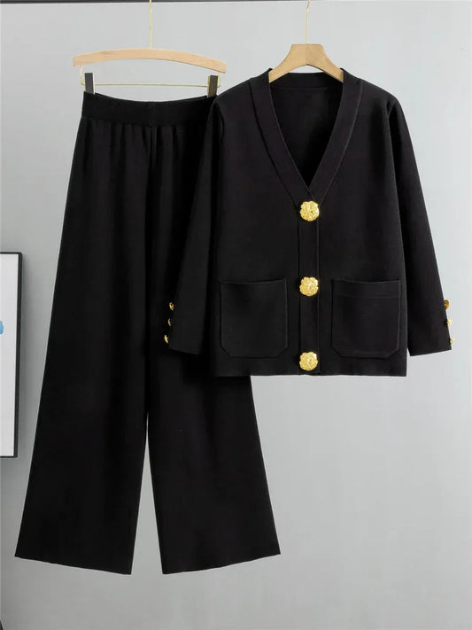 Women’s Knit Co-Ord Set – Relaxed V-Neck Cardigan with Pockets – Wide Leg Trousers