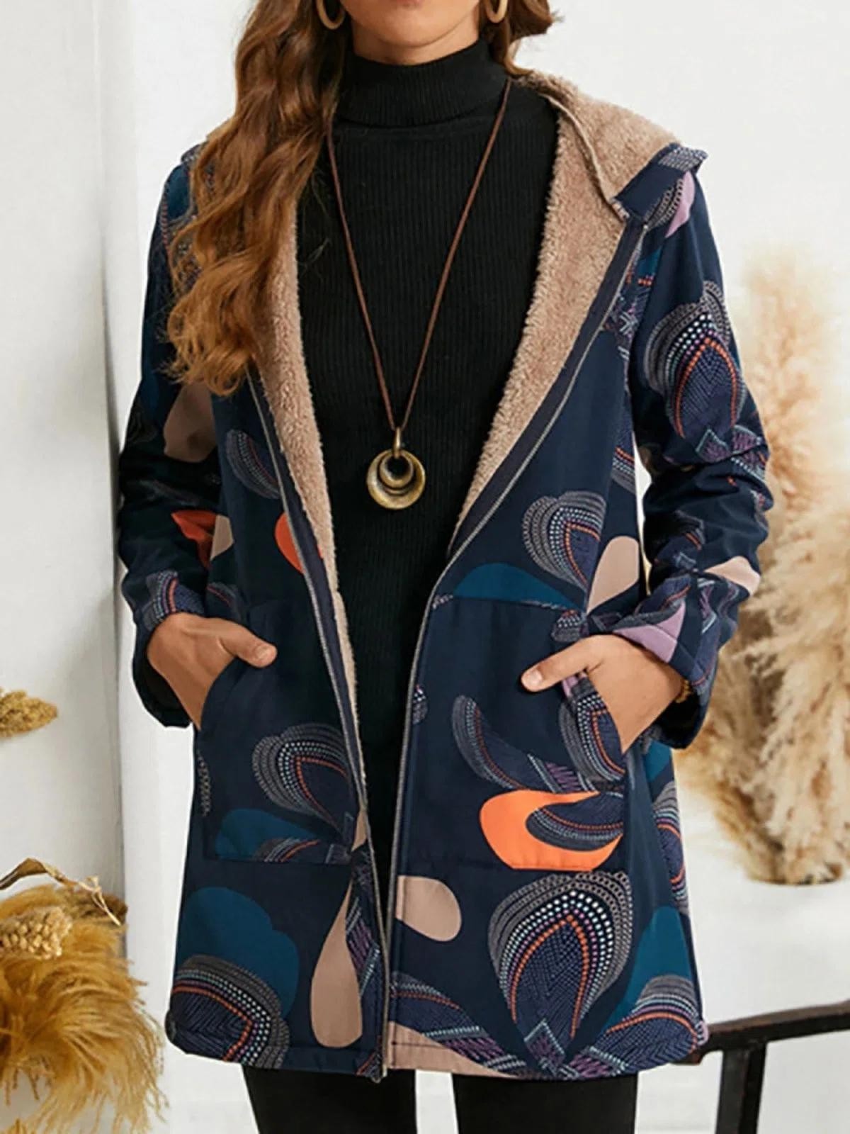 Women’s Hooded Jacket – Relaxed Fit – Fleece Lined – Patterned – Hip Length Casual Wear