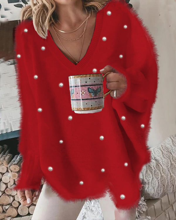 Women’s V-Neck Sweater – Oversized Fit – Fuzzy Texture – Pearl Embellished Casual Wear