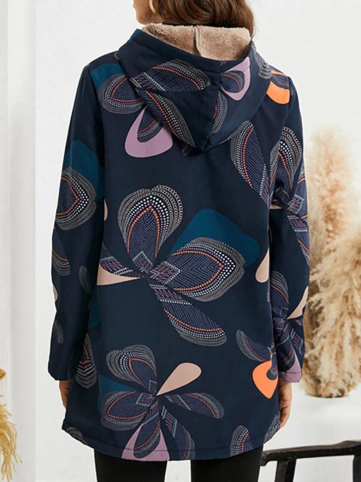 Women’s Hooded Jacket – Relaxed Fit – Fleece Lined – Patterned – Hip Length Casual Wear