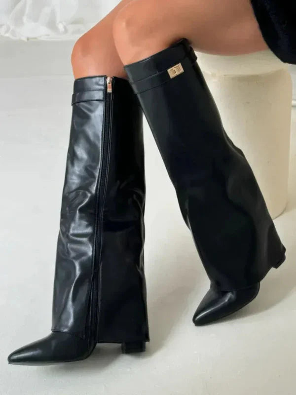 Women’s Knee-High Boots – Suede Texture – Block Heel – Pointed Toe – Buckle Accent