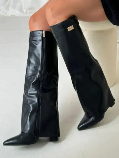 Women’s Knee-High Boots – Suede Texture – Block Heel – Pointed Toe – Buckle Accent