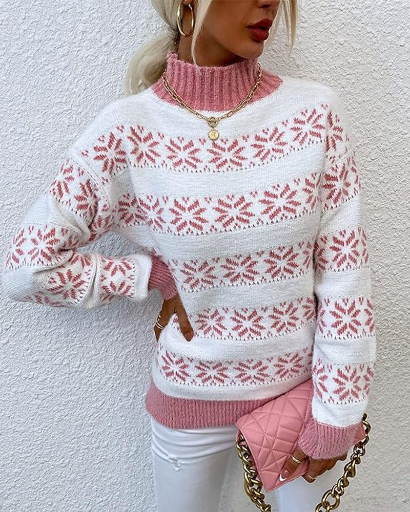 Women’s Knit Sweater – Wool Blend – Half Turtleneck – Snowflake Pattern – Relaxed Fit