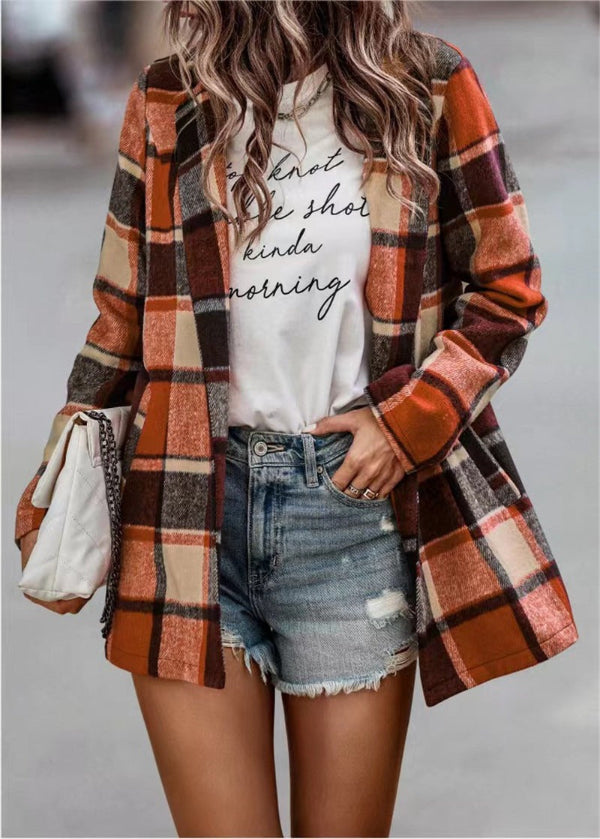 Women’s Cardigan Coat – Oversized Fit – Wool – Plaid Print – Mid Length – Open Front