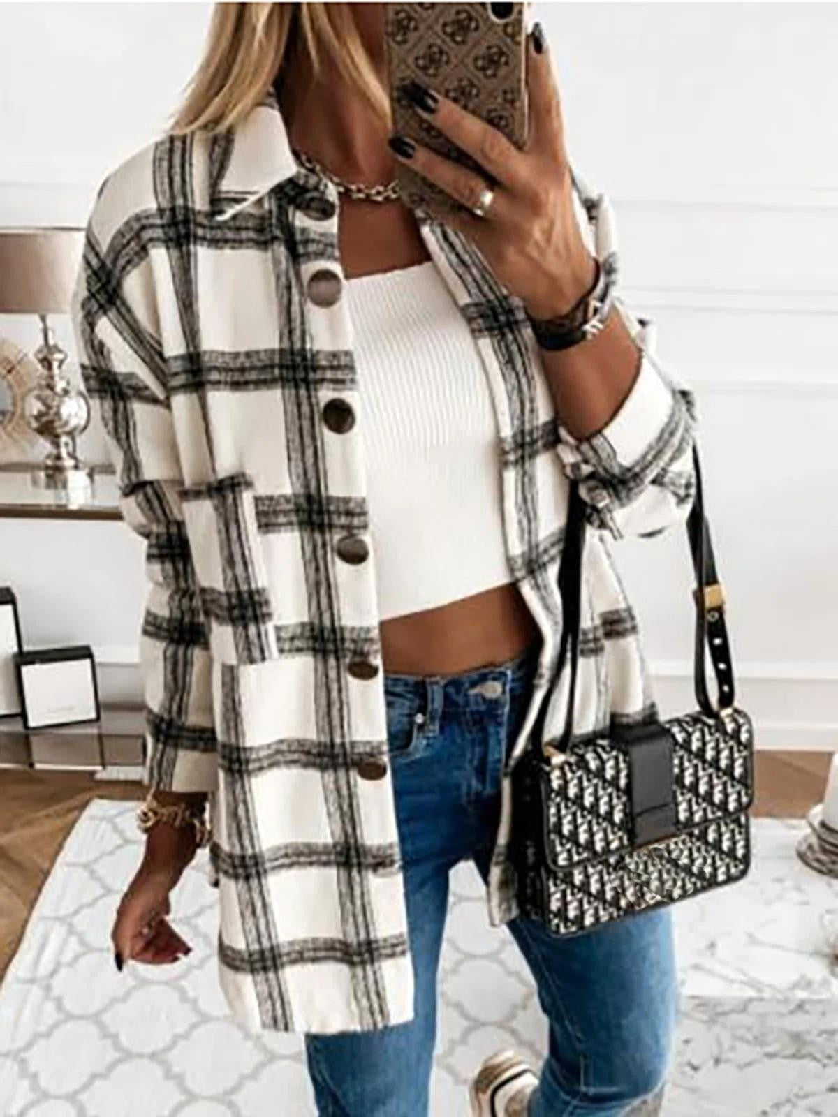 Women’s Cardigan – Oversized Fit – Plaid Pattern – Button Front – Soft Cotton Feel