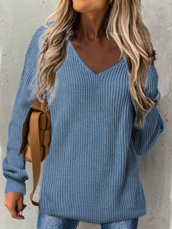 Women’s Knit Sweater – V-Neck – Loose Fit – Ribbed Texture – Long Sleeve Casual Wear