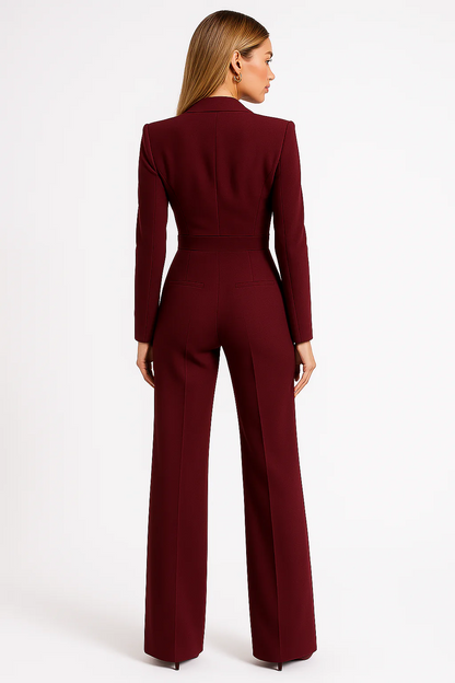 Women’s Jumpsuit – Tailored Fit – V-Neck – Long Sleeve – Wide-Leg Elegant Silhouette
