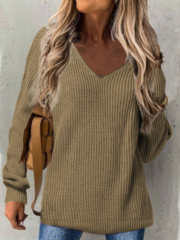 Women’s Knit Sweater – V-Neck – Loose Fit – Ribbed Texture – Long Sleeve Casual Wear
