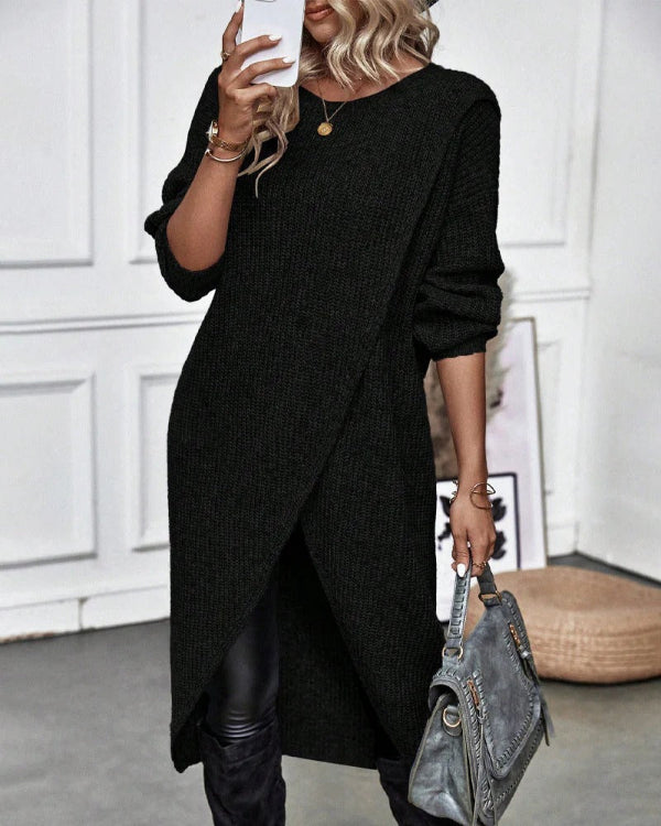 Women’s Pullover – Oversized Fit – Wool Knit – Asymmetrical Wrap – Long Sleeve