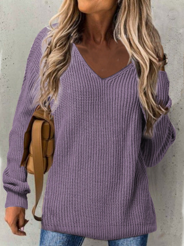 Women’s Knit Sweater – V-Neck – Loose Fit – Ribbed Texture – Long Sleeve Casual Wear