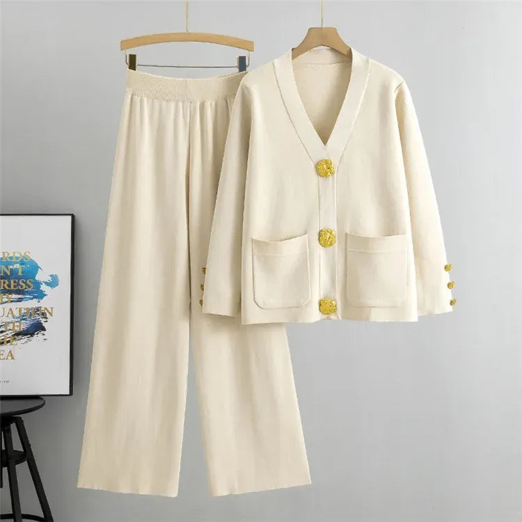Women’s Knit Co-Ord Set – Relaxed V-Neck Cardigan with Pockets – Wide Leg Trousers
