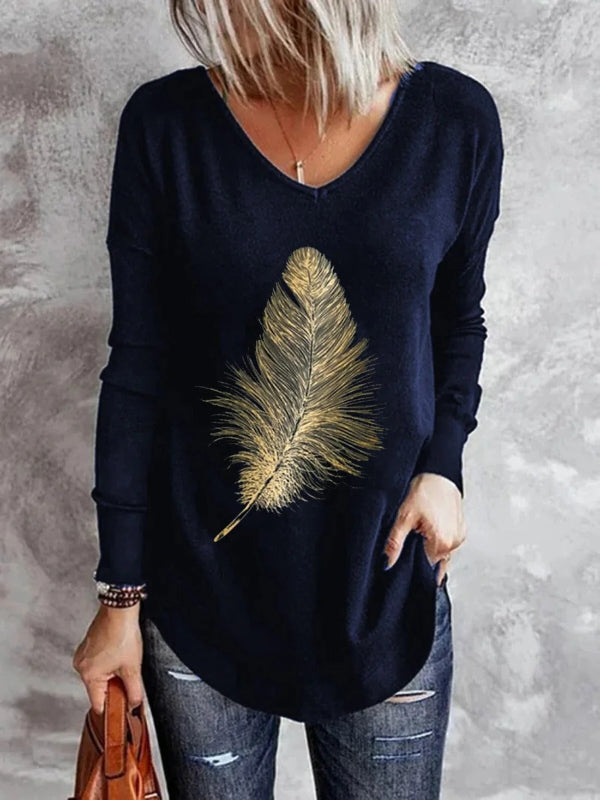 Women’s Pullover – Soft Knit – Relaxed Fit – V-Neck – Feather Graphic – Full Sleeve