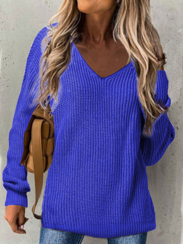 Women’s Knit Sweater – V-Neck – Loose Fit – Ribbed Texture – Long Sleeve Casual Wear