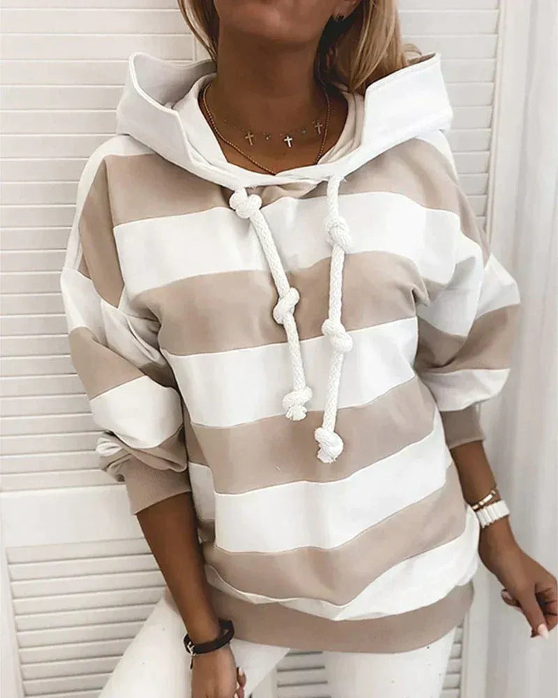 Women’s Hooded Sweatshirt – Oversized Fit – Jersey Knit – Striped – Knotted Drawstring