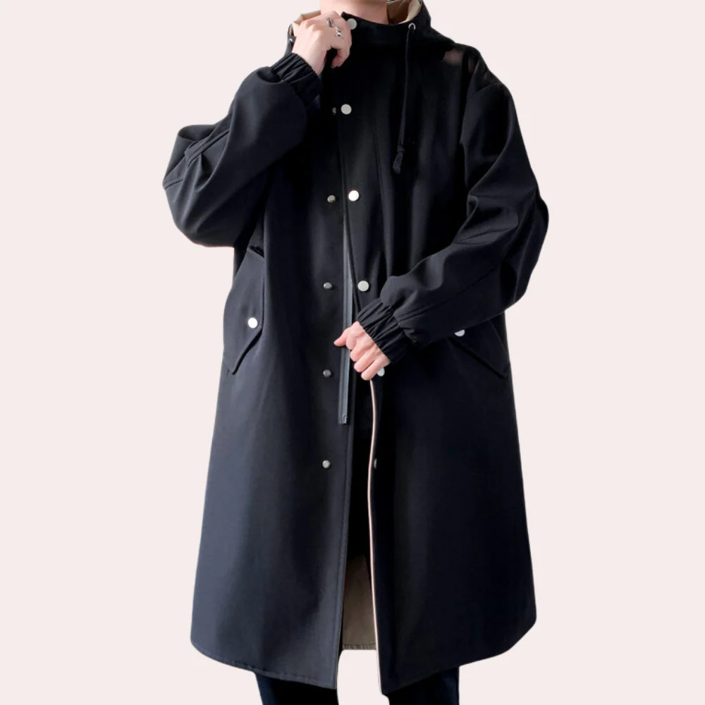 Men’s Long-Line Coat – Relaxed Fit – Hooded – Snap Button Front – Two-Tone Lining