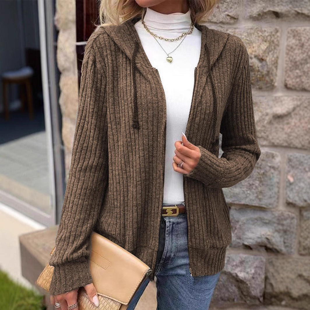 Women’s Knit Sweater – Relaxed Fit – Ribbed Texture – Zip Front – Hooded – Long Sleeve