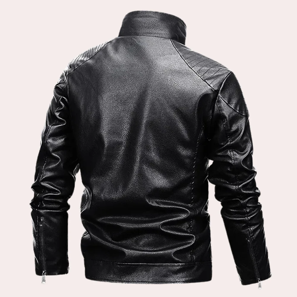 Men’s Faux Leather Jacket – Structured Fit – Shearling Lined – Quilted Shoulders
